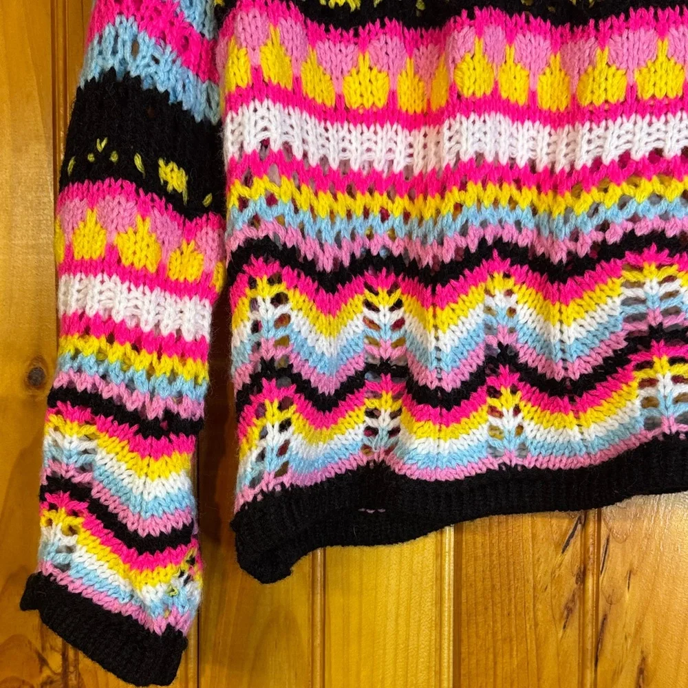 Miss Sparkling Colorful Striped Crocheted Women's Crew Neck Sweater - Picture 5 of 9
